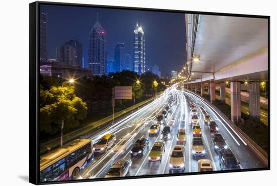 Night Traffic on Yan'an Road, Shanghai, China-Paul Souders-Framed Stretched Canvas
