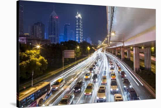 Night Traffic on Yan'an Road, Shanghai, China-Paul Souders-Stretched Canvas