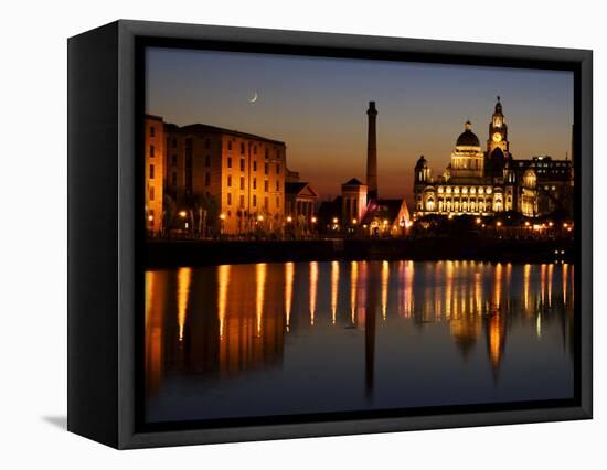 Night View of Albert Dock and the "Three Graces," Liverpool, United Kingdom-Glenn Beanland-Framed Stretched Canvas
