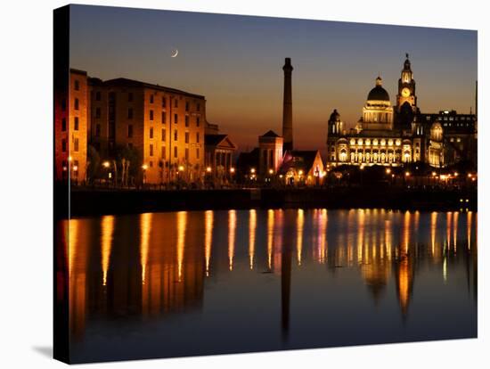 Night View of Albert Dock and the "Three Graces," Liverpool, United Kingdom-Glenn Beanland-Stretched Canvas