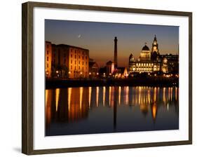 Night View of Albert Dock and the "Three Graces," Liverpool, United Kingdom-Glenn Beanland-Framed Photographic Print