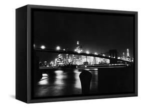 Night View Of Brooklyn Bridge-Bettmann-Framed Stretched Canvas