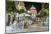 Night view of cafes along Calle Lanceria and El Gallo Azul rotunda building, Jerez de la Frontera, -Stuart Black-Mounted Photographic Print