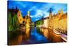 Night View of Canal in Bruges World Heritage Site of UNESCO-BlueOrange Studio-Stretched Canvas