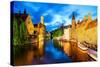 Night View of Canal in Bruges World Heritage Site of UNESCO-BlueOrange Studio-Stretched Canvas