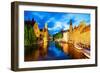 Night View of Canal in Bruges World Heritage Site of UNESCO-BlueOrange Studio-Framed Photographic Print