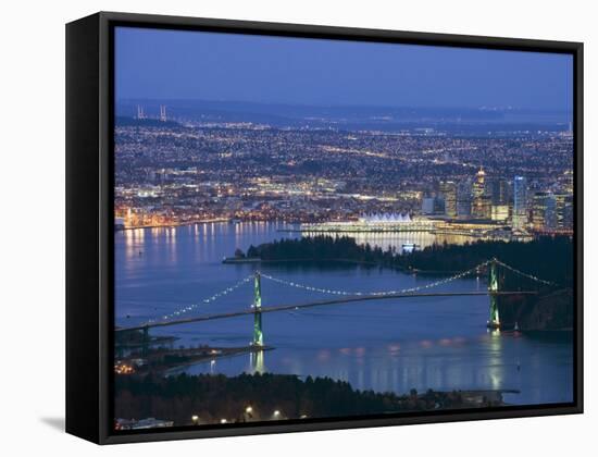 Night View of City Skyline and Lions Gate Bridge, from Cypress Provincial Park, Vancouver-Christian Kober-Framed Stretched Canvas