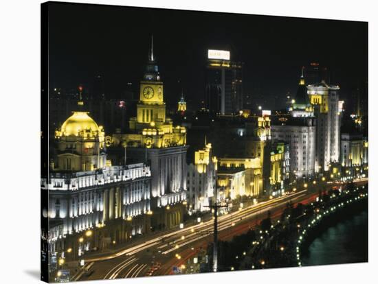 Night View of Colonial Buildings on the Bund, Shanghai, China-Keren Su-Stretched Canvas