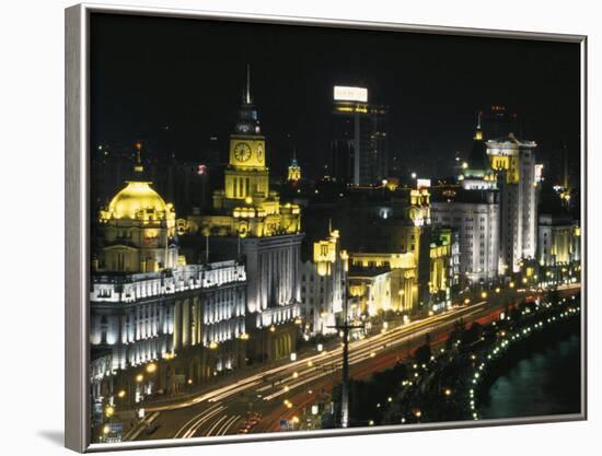 Night View of Colonial Buildings on the Bund, Shanghai, China-Keren Su-Framed Photographic Print