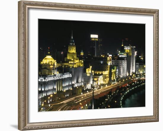 Night View of Colonial Buildings on the Bund, Shanghai, China-Keren Su-Framed Photographic Print