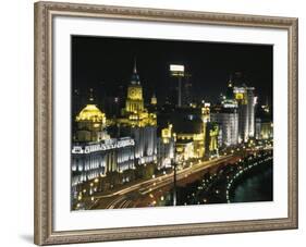 Night View of Colonial Buildings on the Bund, Shanghai, China-Keren Su-Framed Photographic Print