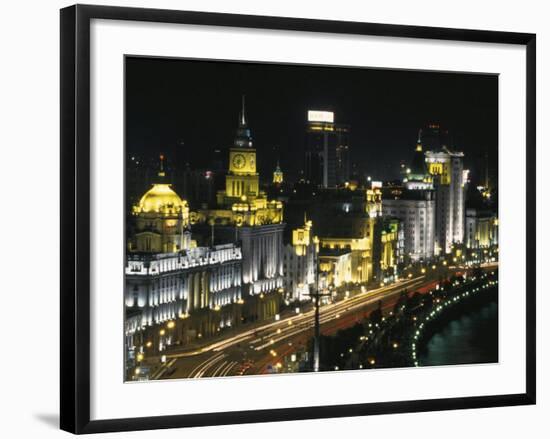 Night View of Colonial Buildings on the Bund, Shanghai, China-Keren Su-Framed Photographic Print