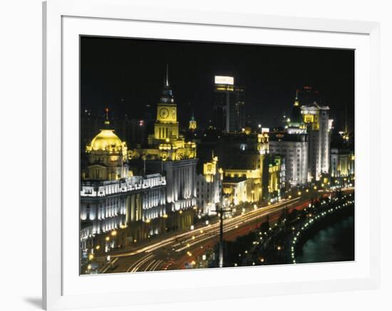 Night View of Colonial Buildings on the Bund, Shanghai, China-Keren Su-Framed Photographic Print