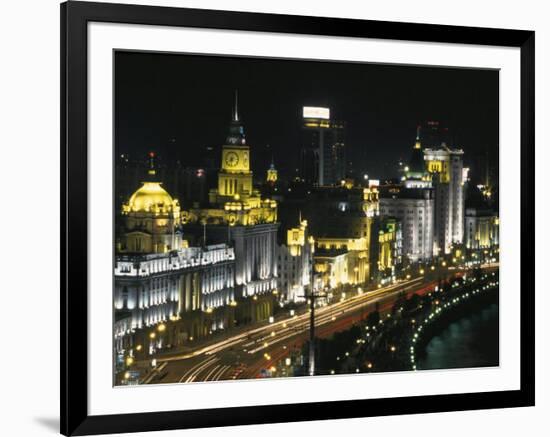 Night View of Colonial Buildings on the Bund, Shanghai, China-Keren Su-Framed Photographic Print