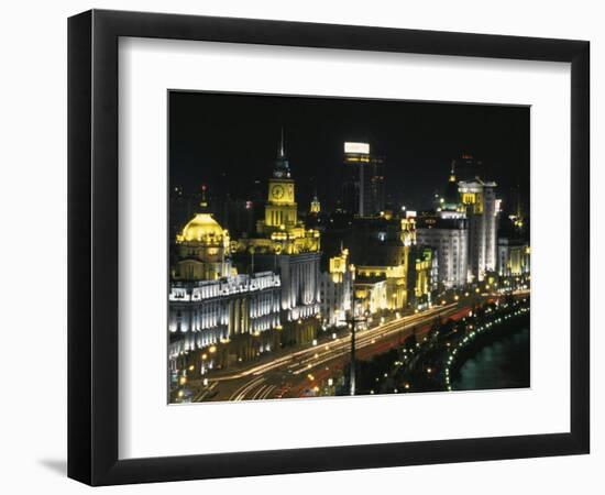 Night View of Colonial Buildings on the Bund, Shanghai, China-Keren Su-Framed Photographic Print