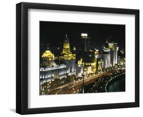 Night View of Colonial Buildings on the Bund, Shanghai, China-Keren Su-Framed Photographic Print