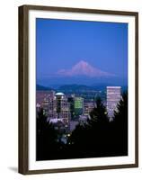 Night View of Downtown and Mt Hood, Portland, Oregon, USA-Janis Miglavs-Framed Premium Photographic Print