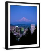 Night View of Downtown and Mt Hood, Portland, Oregon, USA-Janis Miglavs-Framed Premium Photographic Print