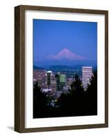Night View of Downtown and Mt Hood, Portland, Oregon, USA-Janis Miglavs-Framed Photographic Print