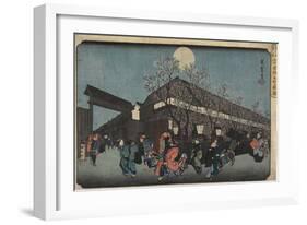 Night View of Nakanomachi with Cherry Blossoms in the Yoshiwara, 1832-1834-Utagawa Hiroshige-Framed Giclee Print