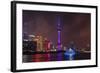 Night view of Oriental Pearl TV Tower and high-rises by Huangpu River, Pudong, Shanghai, China-Keren Su-Framed Photographic Print