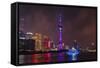 Night view of Oriental Pearl TV Tower and high-rises by Huangpu River, Pudong, Shanghai, China-Keren Su-Framed Stretched Canvas