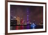 Night view of Oriental Pearl TV Tower and high-rises by Huangpu River, Pudong, Shanghai, China-Keren Su-Framed Photographic Print