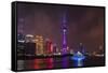 Night view of Oriental Pearl TV Tower and high-rises by Huangpu River, Pudong, Shanghai, China-Keren Su-Framed Stretched Canvas