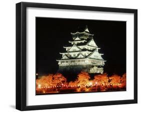 Night View of Osaka Castle with Cherry Blossoms, Japan-null-Framed Premium Photographic Print