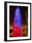 Night view of phallic-shaped Torre Agbar or Abbar Tower in Barcelona, Spain, designed by Jean No...-null-Framed Photographic Print