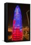 Night view of phallic-shaped Torre Agbar or Abbar Tower in Barcelona, Spain, designed by Jean No...-null-Framed Stretched Canvas