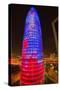 Night view of phallic-shaped Torre Agbar or Abbar Tower in Barcelona, Spain, designed by Jean No...-null-Stretched Canvas