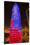 Night view of phallic-shaped Torre Agbar or Abbar Tower in Barcelona, Spain, designed by Jean No...-null-Stretched Canvas