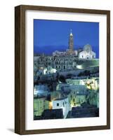 Night View of Sasso Barisano Cave Dwelling with Matera Cathedral-null-Framed Giclee Print