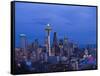 Night View of Seattle Skyline with Christmas Tree on the Space Needle-Terry Eggers-Framed Stretched Canvas