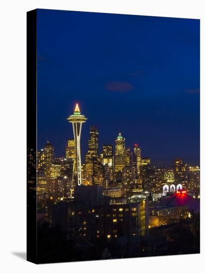 Night View of Seattle Skyline with Christmas Tree on the Space Needle-Terry Eggers-Stretched Canvas