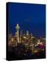 Night View of Seattle Skyline with Christmas Tree on the Space Needle-Terry Eggers-Stretched Canvas