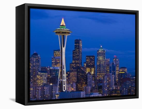 Night View of Seattle Skyline with Christmas Tree on the Space Needle-Terry Eggers-Framed Stretched Canvas