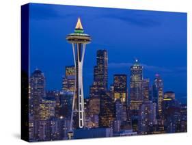 Night View of Seattle Skyline with Christmas Tree on the Space Needle-Terry Eggers-Stretched Canvas