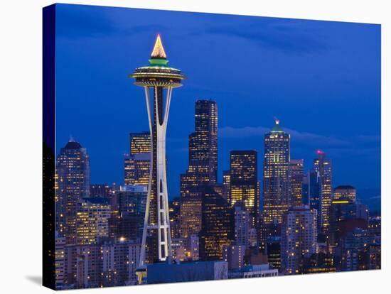 Night View of Seattle Skyline with Christmas Tree on the Space Needle-Terry Eggers-Stretched Canvas