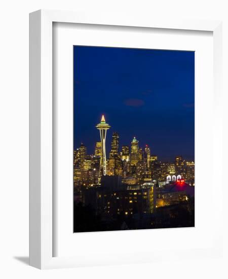 Night View of Seattle Skyline with Christmas Tree on the Space Needle-Terry Eggers-Framed Photographic Print