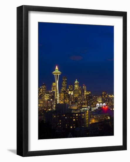 Night View of Seattle Skyline with Christmas Tree on the Space Needle-Terry Eggers-Framed Photographic Print