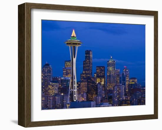 Night View of Seattle Skyline with Christmas Tree on the Space Needle-Terry Eggers-Framed Photographic Print