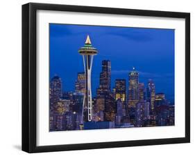 Night View of Seattle Skyline with Christmas Tree on the Space Needle-Terry Eggers-Framed Photographic Print