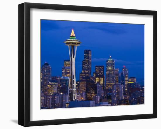 Night View of Seattle Skyline with Christmas Tree on the Space Needle-Terry Eggers-Framed Photographic Print