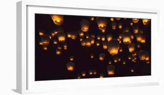 Night view of Sky Lanterns in the air during Chinese Lantern Festival, Shifen, Taiwan-Keren Su-Framed Photographic Print