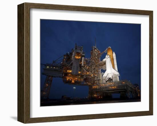 Night View of Space Shuttle Atlantis on the Launch Pad at Kennedy Space Center, Florida-Stocktrek Images-Framed Photographic Print