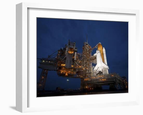Night View of Space Shuttle Atlantis on the Launch Pad at Kennedy Space Center, Florida-Stocktrek Images-Framed Photographic Print
