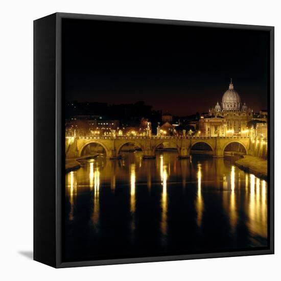 Night View of the Sant'Angelo Bridge and the Dome of the Basilica of Saint Peter in Rome-Roman-Framed Stretched Canvas