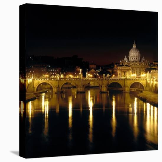 Night View of the Sant'Angelo Bridge and the Dome of the Basilica of Saint Peter in Rome-Roman-Stretched Canvas